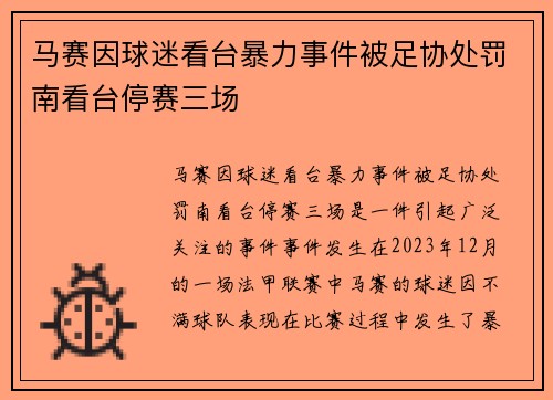 马赛因球迷看台暴力事件被足协处罚南看台停赛三场